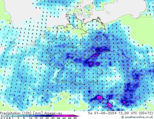 Totale neerslag (12h) Arpege-eu za 01.06.2024 00 UTC