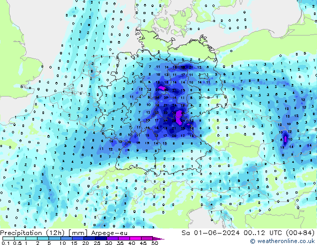 Totale neerslag (12h) Arpege-eu za 01.06.2024 12 UTC