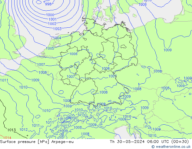 Atmosférický tlak Arpege-eu Čt 30.05.2024 06 UTC