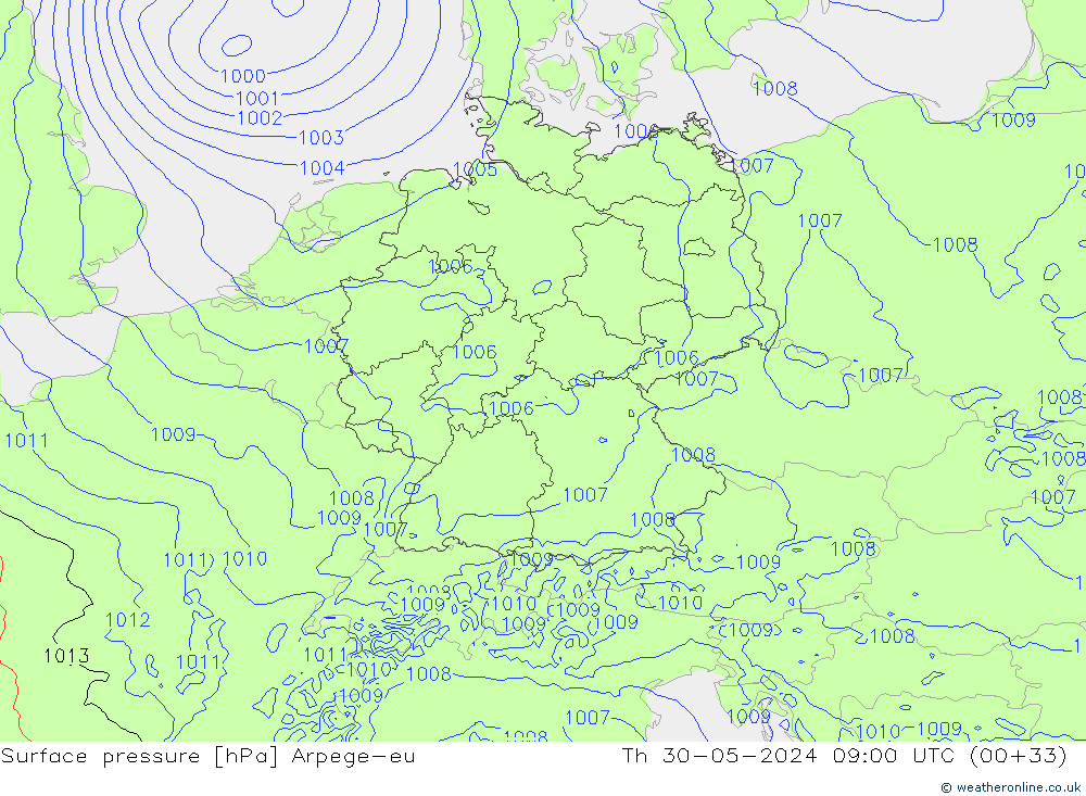 Pressione al suolo Arpege-eu gio 30.05.2024 09 UTC