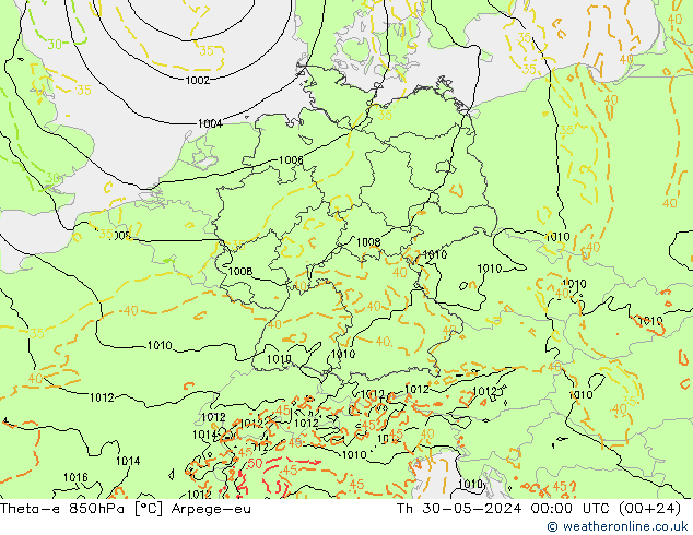 Theta-e 850hPa Arpege-eu jue 30.05.2024 00 UTC