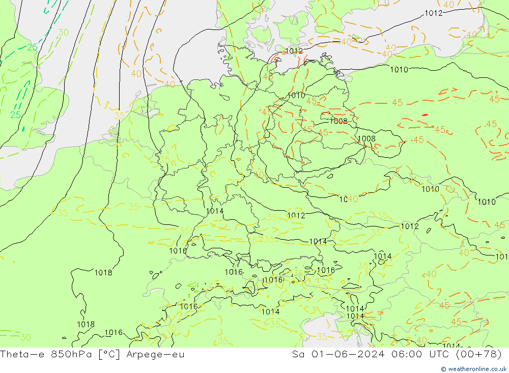 Theta-e 850hPa Arpege-eu So 01.06.2024 06 UTC