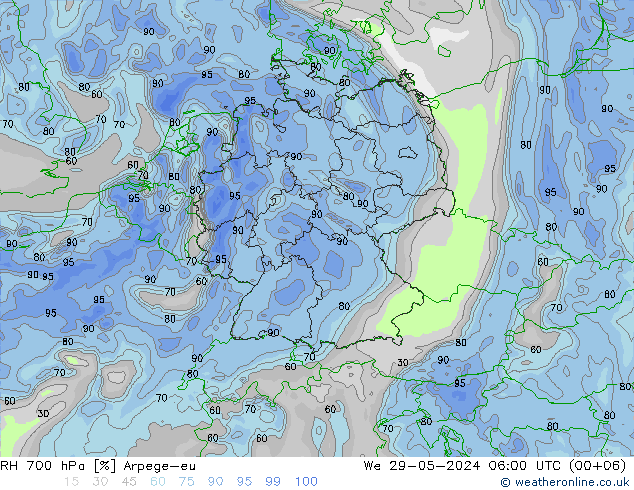 RH 700 hPa Arpege-eu śro. 29.05.2024 06 UTC