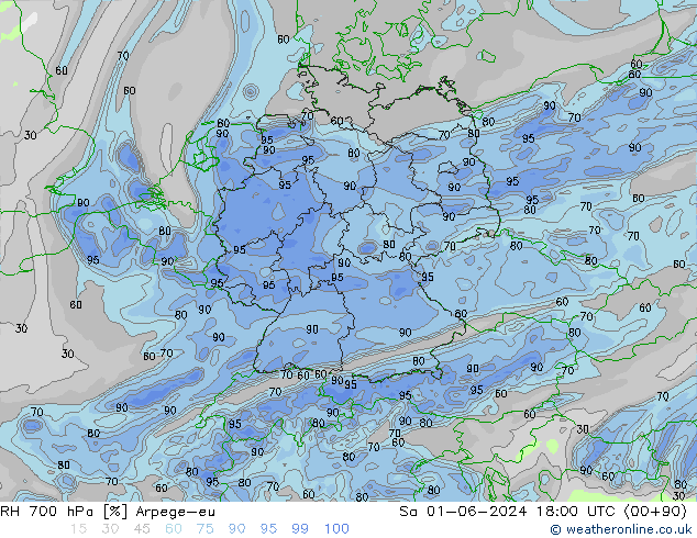 RH 700 гПа Arpege-eu сб 01.06.2024 18 UTC