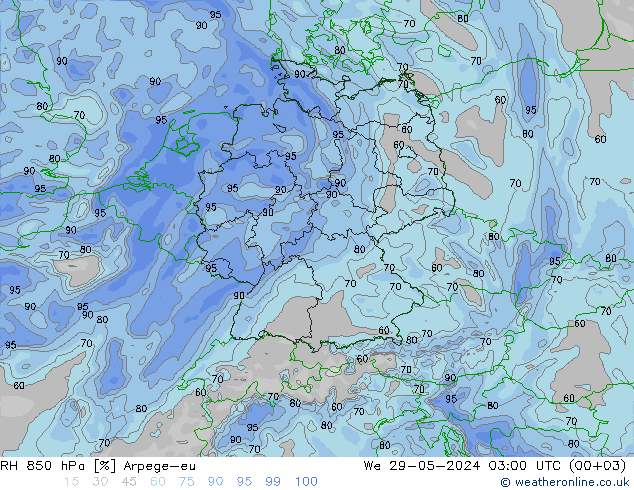 RH 850 hPa Arpege-eu We 29.05.2024 03 UTC