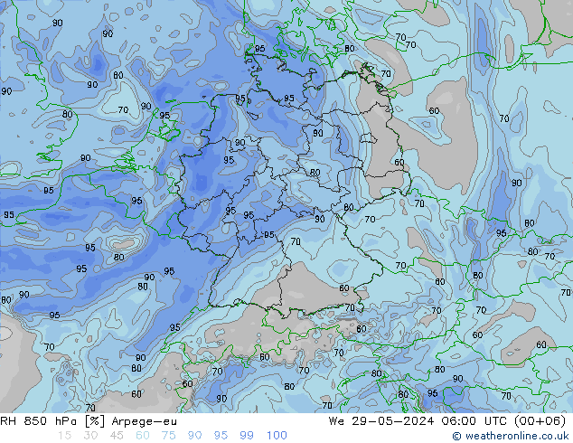 RH 850 hPa Arpege-eu Mi 29.05.2024 06 UTC