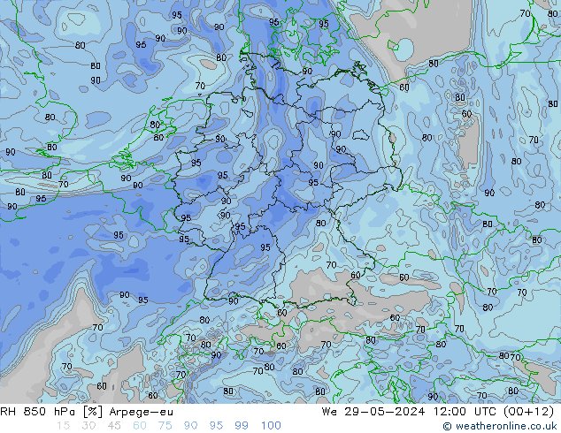 RH 850 hPa Arpege-eu We 29.05.2024 12 UTC