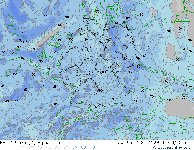 RH 850 hPa Arpege-eu Th 30.05.2024 12 UTC