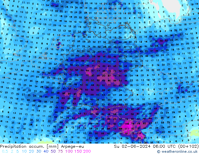 Precipitation accum. Arpege-eu Ne 02.06.2024 06 UTC