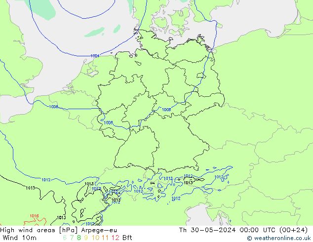 High wind areas Arpege-eu Čt 30.05.2024 00 UTC