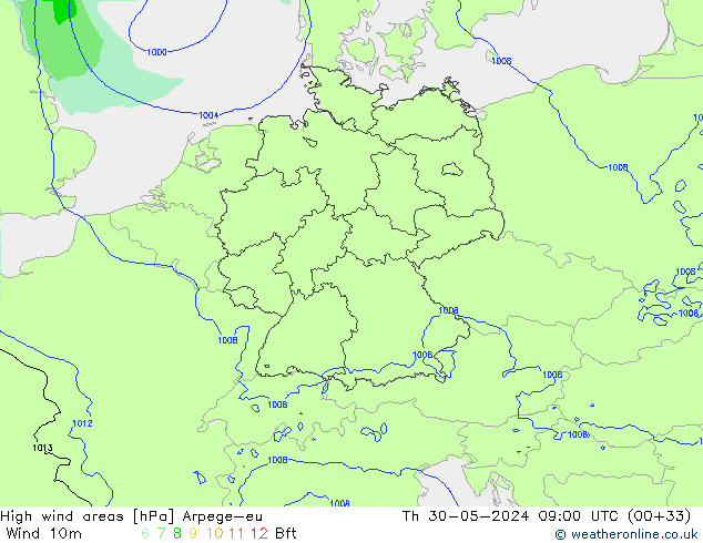 High wind areas Arpege-eu Th 30.05.2024 09 UTC