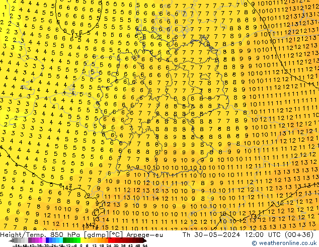 Hoogte/Temp. 850 hPa Arpege-eu do 30.05.2024 12 UTC