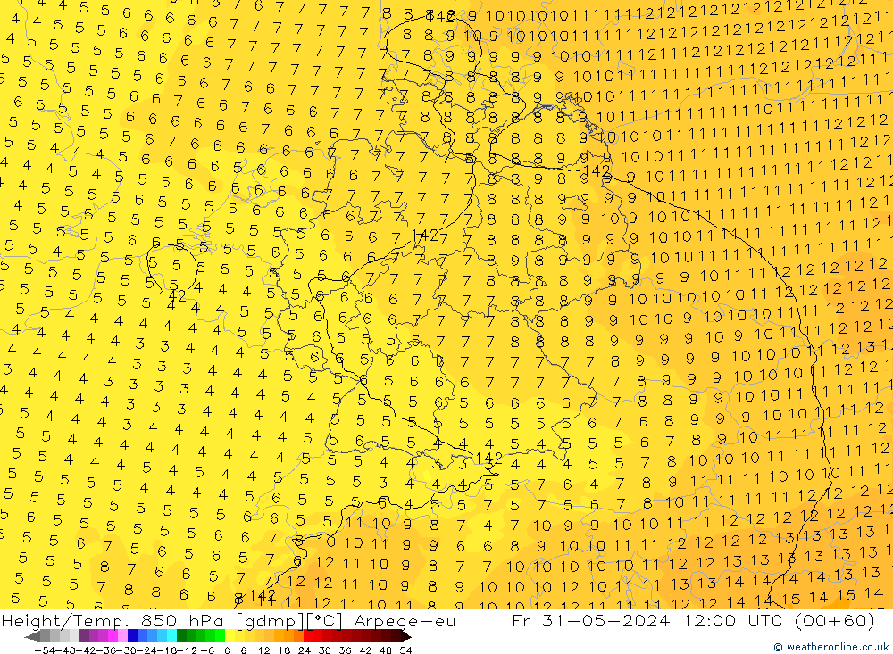 Height/Temp. 850 hPa Arpege-eu  31.05.2024 12 UTC