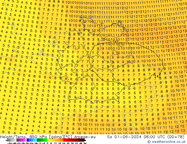 Height/Temp. 850 hPa Arpege-eu  01.06.2024 06 UTC