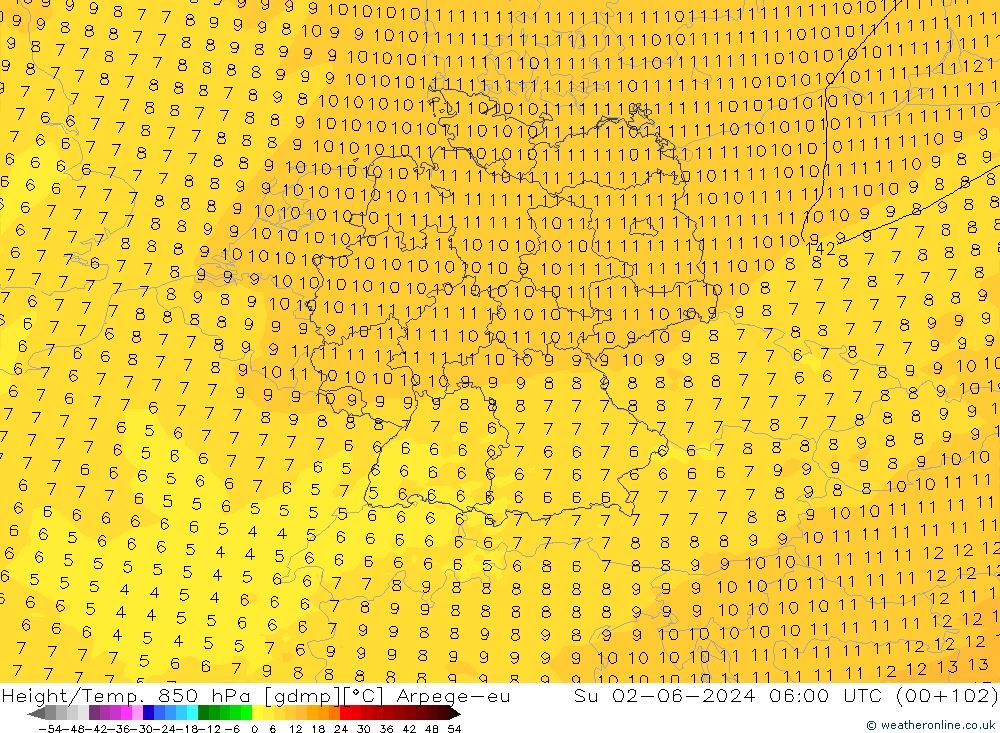 Hoogte/Temp. 850 hPa Arpege-eu zo 02.06.2024 06 UTC