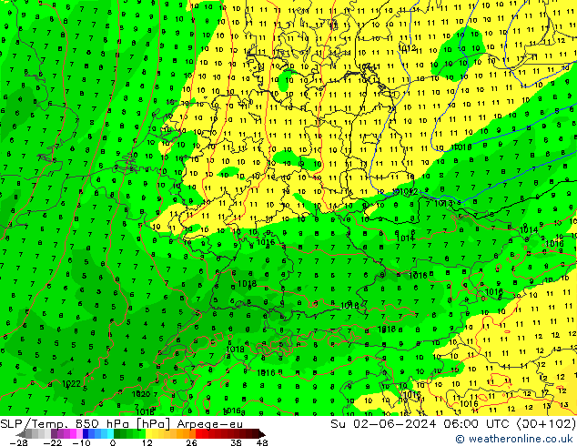 SLP/Temp. 850 hPa Arpege-eu Dom 02.06.2024 06 UTC