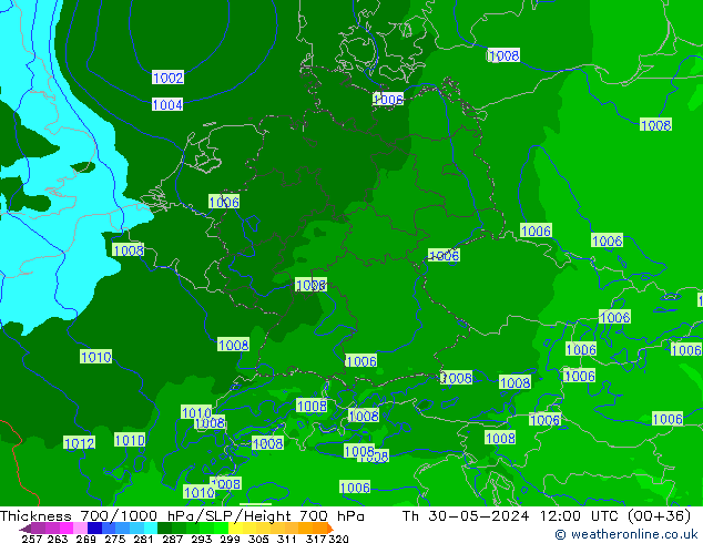 Thck 700-1000 hPa Arpege-eu Th 30.05.2024 12 UTC