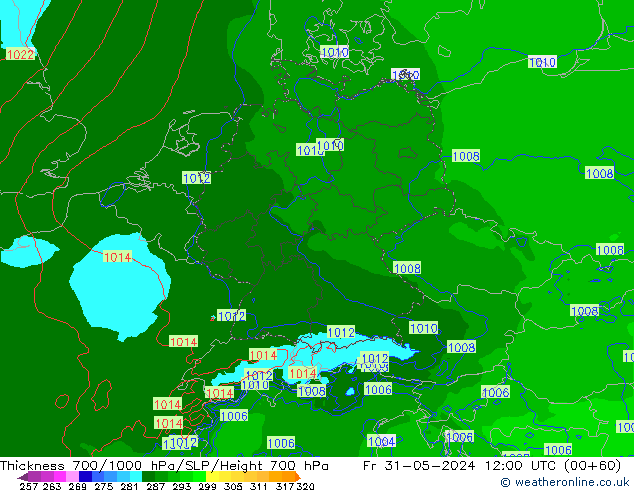 Thck 700-1000 hPa Arpege-eu pt. 31.05.2024 12 UTC