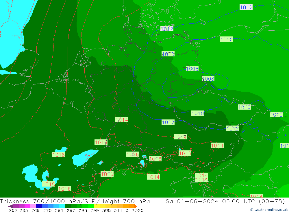 Thck 700-1000 hPa Arpege-eu Sa 01.06.2024 06 UTC