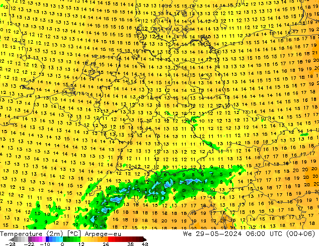 Temperatuurkaart (2m) Arpege-eu wo 29.05.2024 06 UTC