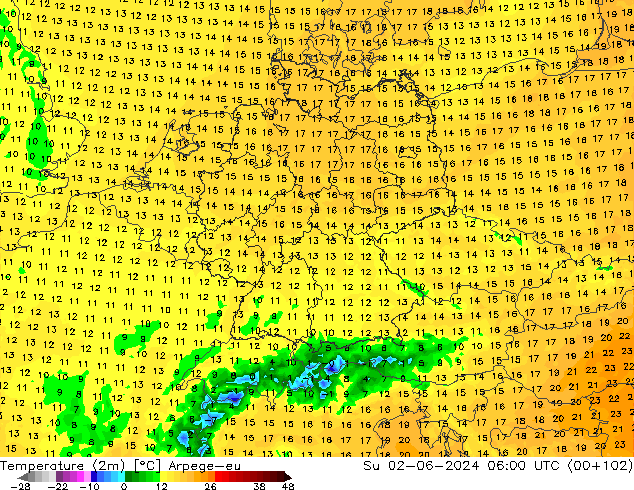 Temperature (2m) Arpege-eu Su 02.06.2024 06 UTC