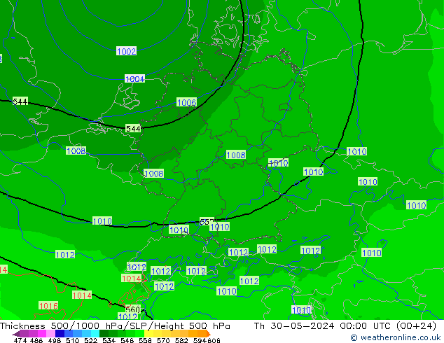 Dikte 500-1000hPa Arpege-eu do 30.05.2024 00 UTC