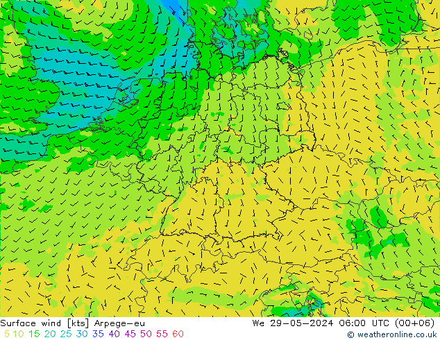Vento 10 m Arpege-eu Qua 29.05.2024 06 UTC