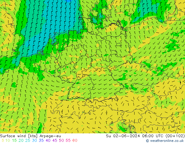Wind 10 m Arpege-eu zo 02.06.2024 06 UTC