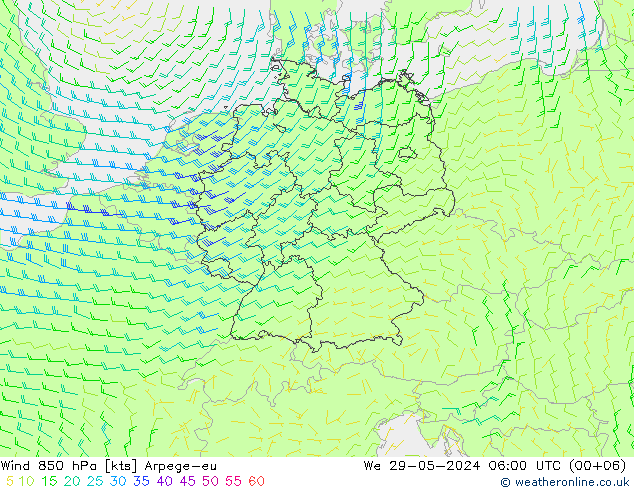 Wind 850 hPa Arpege-eu Mi 29.05.2024 06 UTC