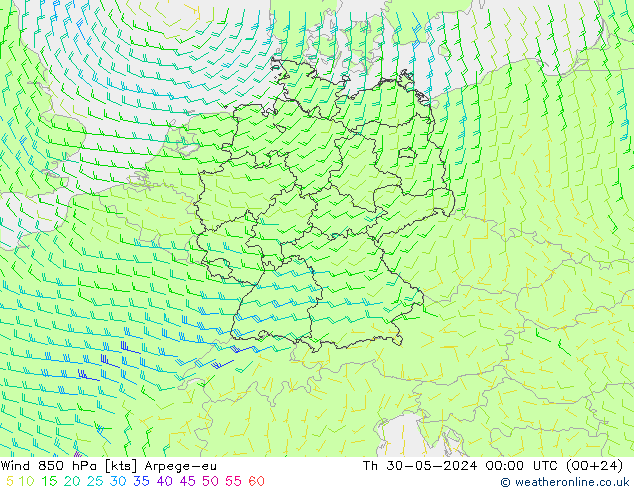 wiatr 850 hPa Arpege-eu czw. 30.05.2024 00 UTC