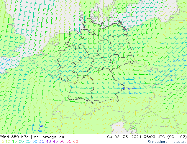 Wind 850 hPa Arpege-eu Su 02.06.2024 06 UTC