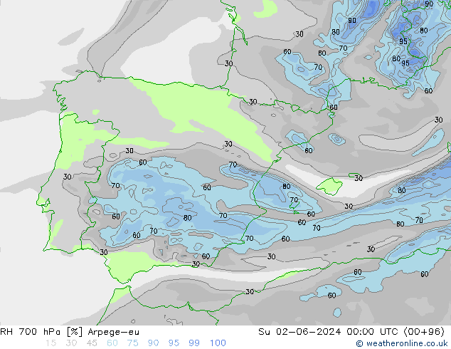 RH 700 hPa Arpege-eu Dom 02.06.2024 00 UTC