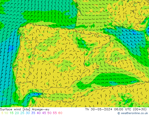Vento 10 m Arpege-eu Qui 30.05.2024 06 UTC