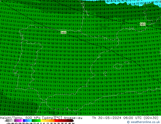 Height/Temp. 500 hPa Arpege-eu  30.05.2024 06 UTC