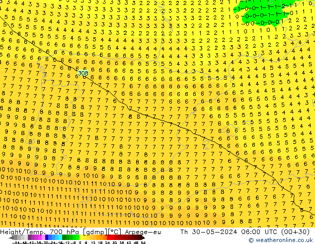 Height/Temp. 700 hPa Arpege-eu  30.05.2024 06 UTC