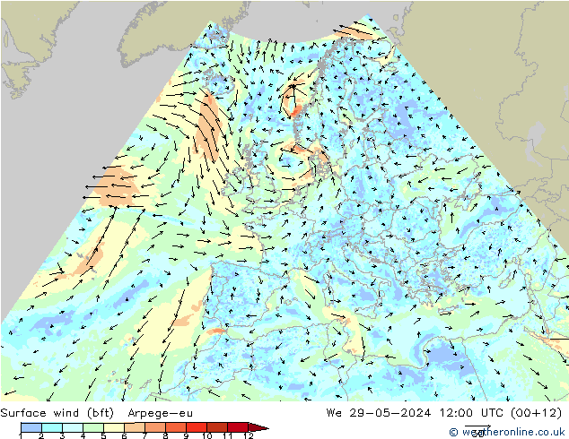 Surface wind (bft) Arpege-eu St 29.05.2024 12 UTC