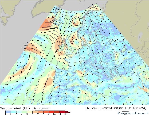Wind 10 m (bft) Arpege-eu do 30.05.2024 00 UTC