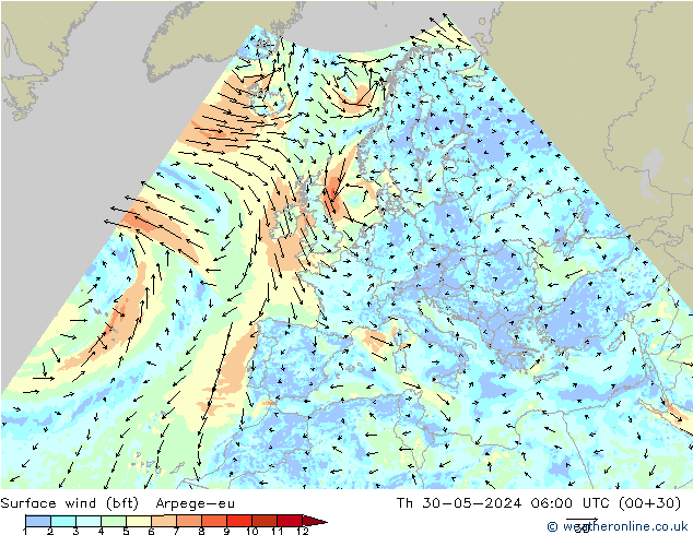 Bodenwind (bft) Arpege-eu Do 30.05.2024 06 UTC