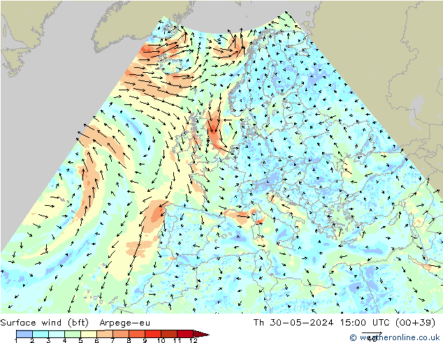 Wind 10 m (bft) Arpege-eu do 30.05.2024 15 UTC