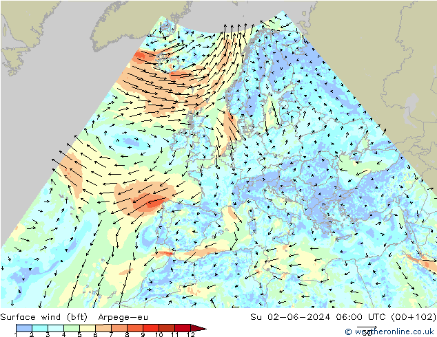 Surface wind (bft) Arpege-eu Ne 02.06.2024 06 UTC