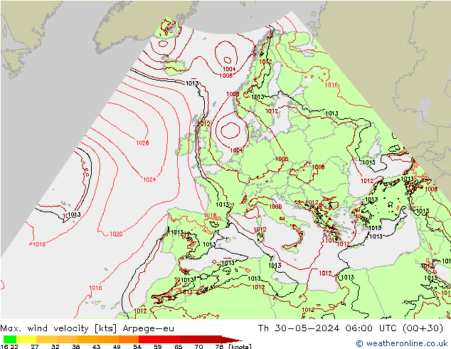 Max. wind velocity Arpege-eu czw. 30.05.2024 06 UTC