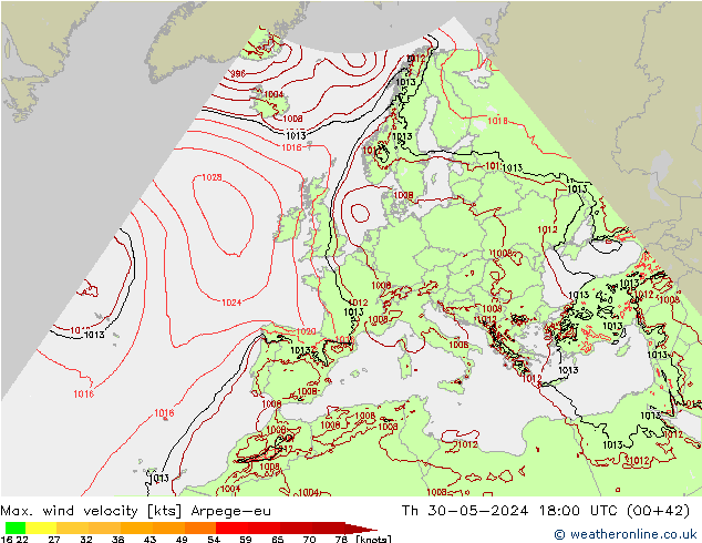 Max. wind velocity Arpege-eu gio 30.05.2024 18 UTC