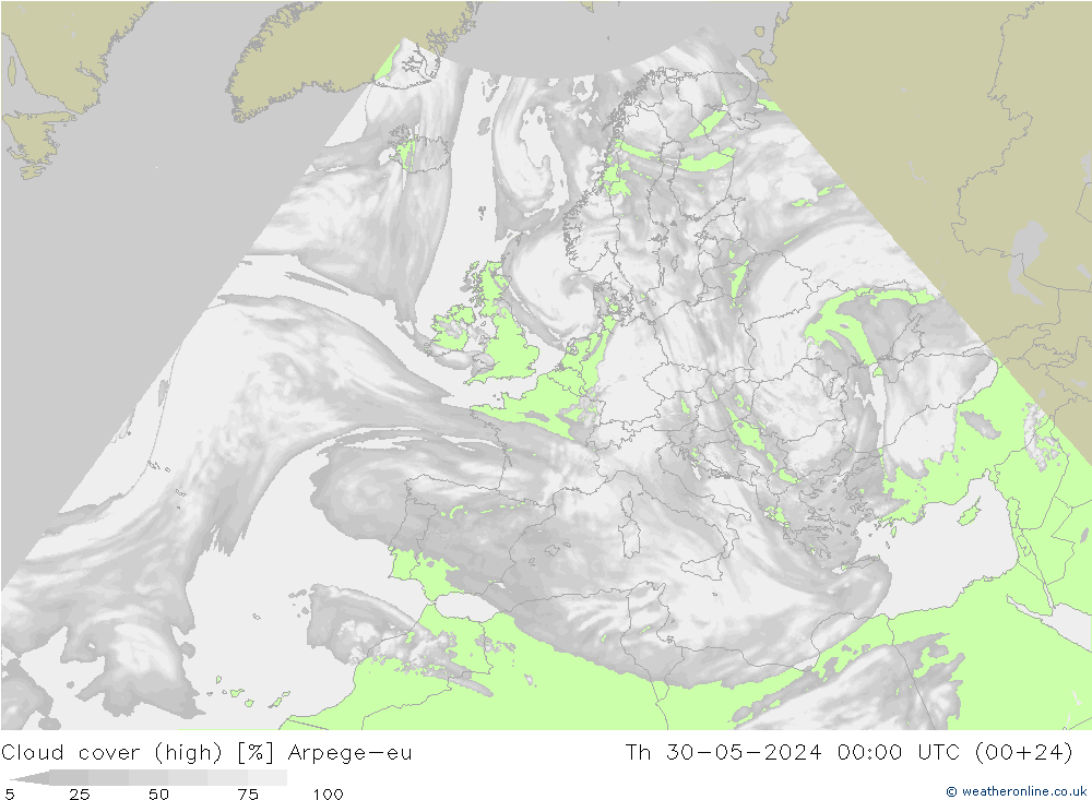 Cloud cover (high) Arpege-eu Th 30.05.2024 00 UTC