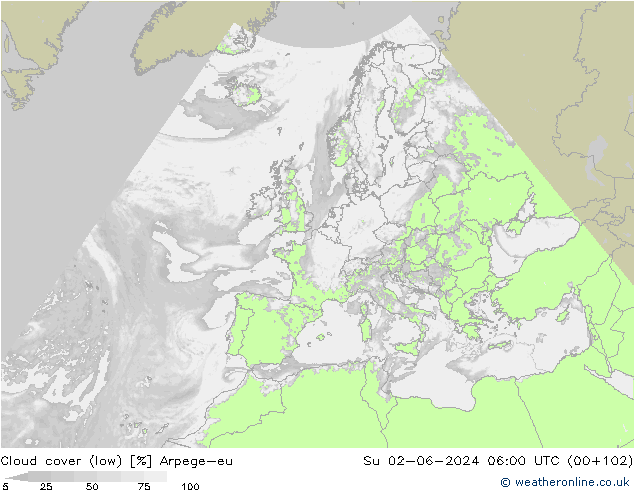 Cloud cover (low) Arpege-eu Su 02.06.2024 06 UTC