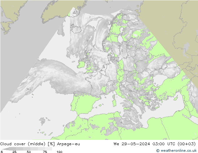 Cloud cover (middle) Arpege-eu We 29.05.2024 03 UTC