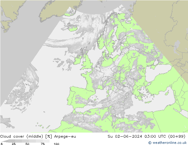 Cloud cover (middle) Arpege-eu Su 02.06.2024 03 UTC