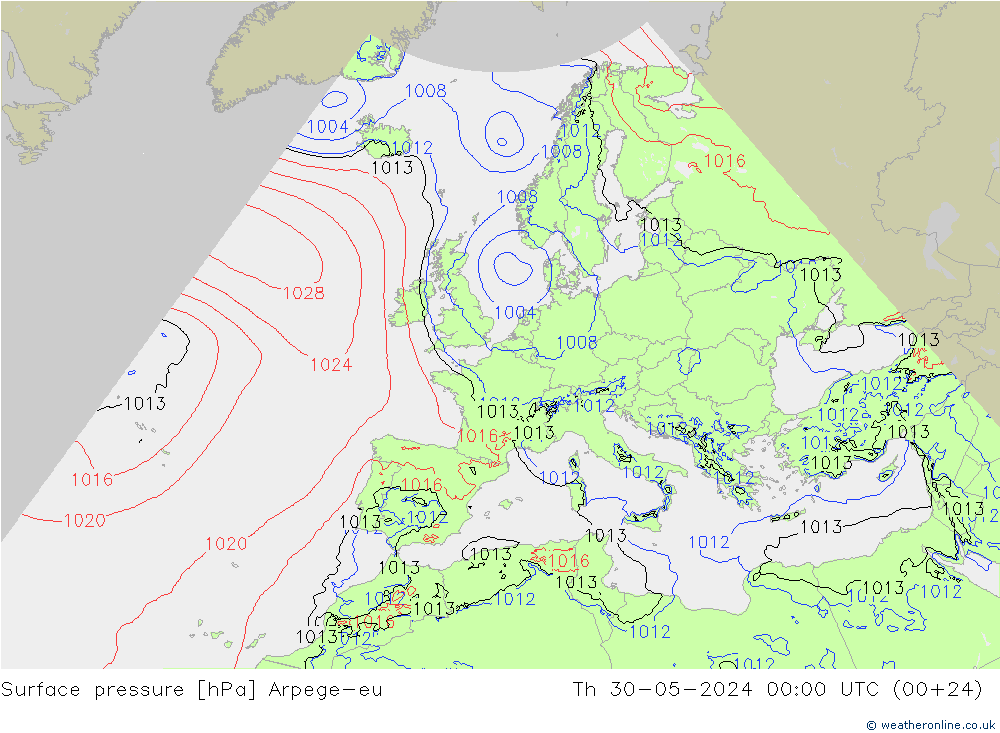 Atmosférický tlak Arpege-eu Čt 30.05.2024 00 UTC