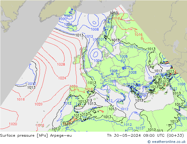 Atmosférický tlak Arpege-eu Čt 30.05.2024 09 UTC
