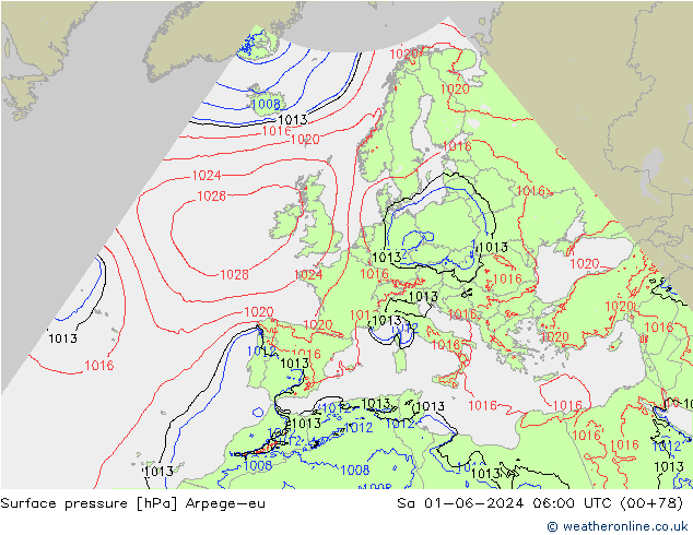 Pressione al suolo Arpege-eu sab 01.06.2024 06 UTC