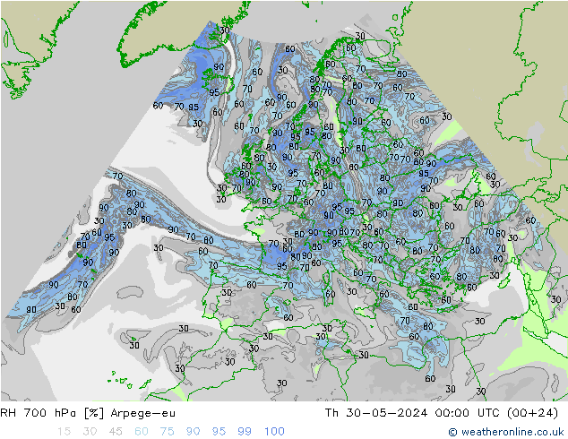 RH 700 hPa Arpege-eu Th 30.05.2024 00 UTC